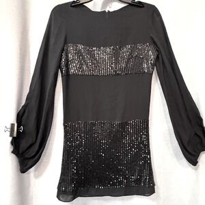Marciano Silk Blend Sequin Mini Dress  Black Bishop Sleeve Cocktail XS Blouse